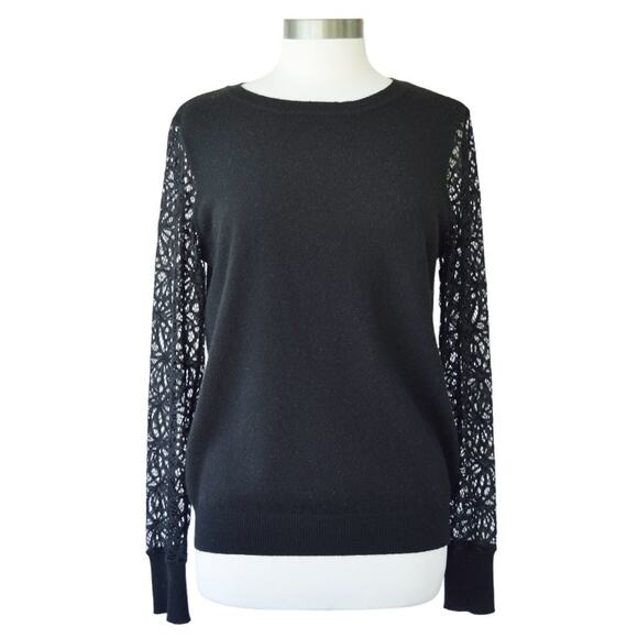 Magaschoni Cashmere Sweater Black Sheer Lace Sleeves Size Large - Picture 1 of 8